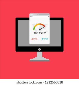 High speed performances computer online, Laptop with speed test on the screen. Vector illustration.