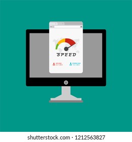 High speed performances computer online, Laptop with speed test on the screen. Vector illustration.