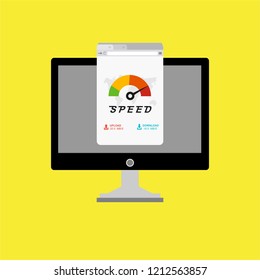 High speed performances computer online, Laptop with speed test on the screen. Vector illustration.