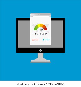 High speed performances computer online, Laptop with speed test on the screen. Vector illustration.