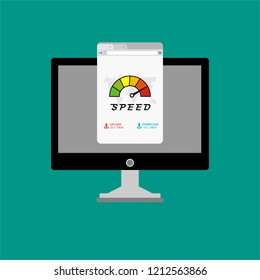 High speed performances computer online, Laptop with speed test on the screen. Vector illustration.