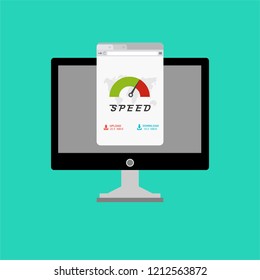 High speed performances computer online, Laptop with speed test on the screen. Vector illustration.