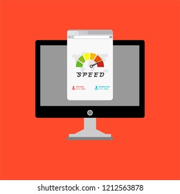 High speed performances computer online, Laptop with speed test on the screen. Vector illustration.