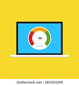 La computadora de alta velocidad funciona en línea. Portátil con prueba de velocidad en pantalla. Vector.