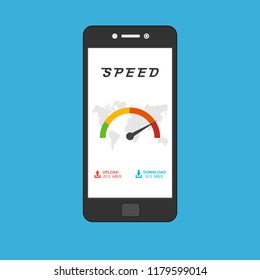High speed performances smartphone online, Smartphone with speed test on the screen. Vector illustration.