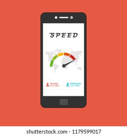 High speed performances smartphone online, Smartphone with speed test on the screen. Vector illustration.