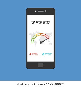 High speed performances smartphone online, Smartphone with speed test on the screen. Vector illustration.