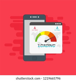 High speed performances smartphone online, Smartphone with speed test on the screen. Vector illustration.