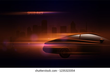 High speed race hatchback car trailing lights motion effect realistic composition in night city street vector illustration