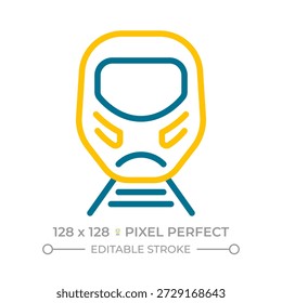High speed rail pixel perfect two color line icon. Maglev train. Modern railroad vehicle. Public transportation bicolor outline symbol. Duotone linear pictogram. Isolated illustration. Editable stroke