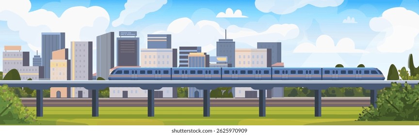 Metrô de alta velocidade. Um moderno trem elétrico de alta velocidade se move ao longo da estrada de ferro da cidade entre vistas panorâmicas da metrópole. Ilustração vetorial. Não gerada por IA