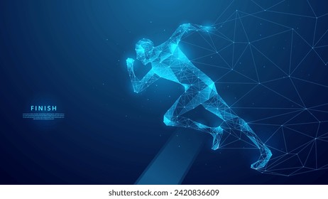 High speed tough runner illustration in blue low poly vector style. Background concepts of endurance, speed, and success.