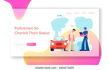 High Speed Traffic Violation Website Landing Page. Police Officer Write Fine on Road to Intruder. Car Traffic Inspector Safety Control Policeman Work Web Page. Cartoon Flat Vector Illustration, Banner