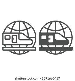 High speed train globe line and solid icon, delivery concept. Vector graphics. World globe with railroad train sign on white background, outline style icon for mobile or web design