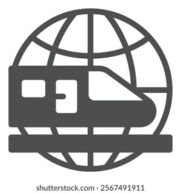 High speed train globe solid icon, delivery concept. Vector graphics. World globe with railroad train sign on white background, glyph style icon for mobile or web design