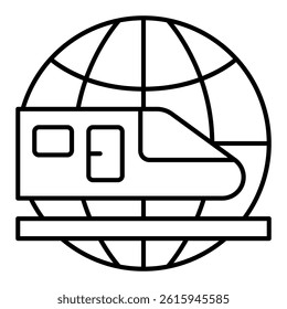 High speed train globe thin line icon, delivery concept. Vector graphics. World globe with railroad train sign on white background, linear style for mobile or design