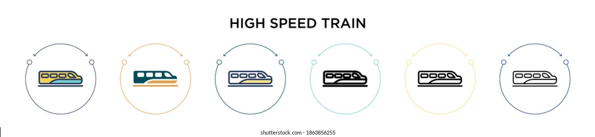 High speed train icon in filled, thin line, outline and stroke style. Vector illustration of two colored and black high speed train vector icons designs can be used for mobile, ui, web