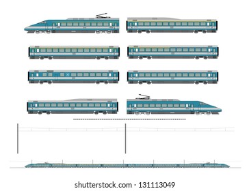 High speed train. Kit contains: 1st and 2nd class motor unit, 1st and 2nd class coach car, one 1st/2nd clas coach car, one dining car, railroad track, overhead catenary and plan to build.