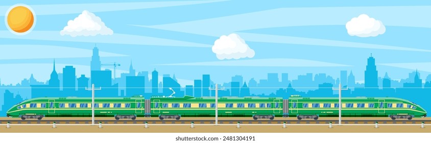 Hochgeschwindigkeitszug und Landschaft mit Stadtbild. Super optimierter Zug. In: Passenger Express Railway Locomotive. In: Railroad Public Transport und Verkehr. U-Bahn für den Schnellverkehr. flache Vektorillustration