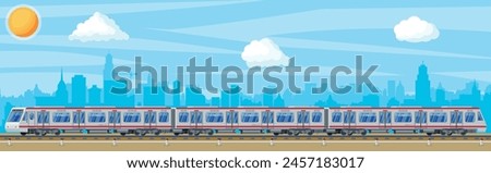 High Speed Train and Landscape With Cityscape. Super Streamlined Train. Passenger Express Railway Locomotive. Railroad Public Transportation. Rapid Transport Subway. Flat Vector Illustration