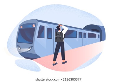 Concepto de locomotora de trenes de alta velocidad. Joven con la mochila en los hombros sobre el andén y esperando a que el vehículo viaje. Vacaciones y turismo. Ilustración vectorial plana moderna de dibujos animados