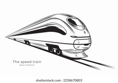 El tren de alta velocidad en movimiento. Silueta de tren rápido, dibujo de contorno aislado en fondo blanco. Ilustración vectorial.