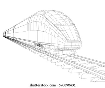 High Speed Train In Motion. Vector Rendering Of 3d. Wire-frame Style