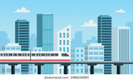 High speed train on the bridge. High speed train and skyscraper. Modern outdoor landscape.Vector stock