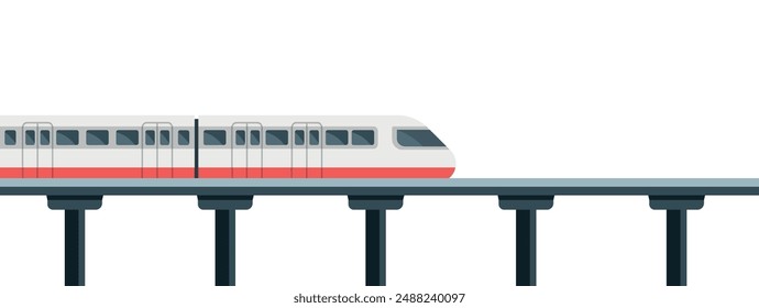 Hochgeschwindigkeitszug auf Brücke isoliert auf weißem Hintergrund. Schneller Schienenverkehr. Vektorgrafik