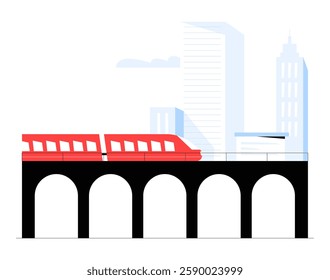 High Speed Train On Elevated Railway In Flat Vector Illustration Symbolizing Modern Transportation, Infrastructure, And Urban Mobility, Isolated On White Background