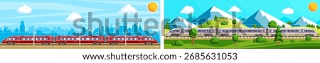 High speed train on railway track with cityscape and mountain landscape. Modern public transportation concept. Flat style vector illustration.