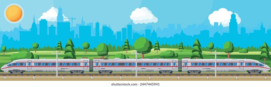 High Speed Train And Summer Landscape With Cityscape. Super Streamlined Train. Passenger Express Railway Locomotive. Railroad Public Transportation. Rapid Transport Concept. Flat Vector Illustration