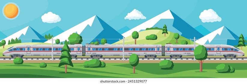 High Speed Train And Summer Landscape With Mountains. Super Streamlined Train. Passenger Express Railway Locomotive. Railroad Public Transportation. Rapid Transport Concept. Flat Vector Illustration