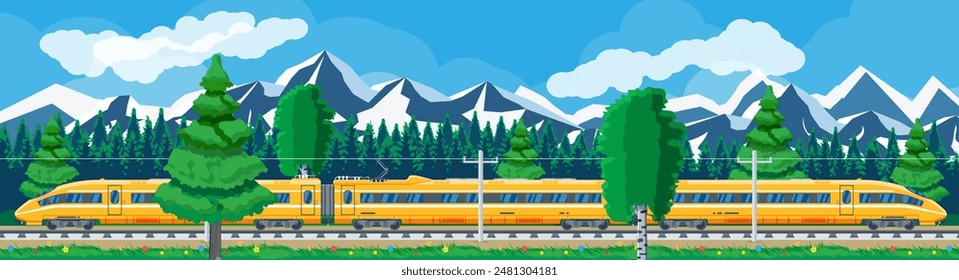 Tren De Alta Velocidad Y Paisaje De Verano Con Montañas. Tren Súper Agilizado. Locomotora de tren Passenger Express. Transporte público ferroviario. Concepto de Transporte Rápido. Ilustración vectorial plana