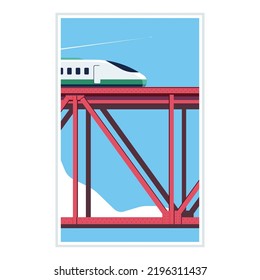 High speed train - Transportation template on railway bridge. Flying plane minimalistic. Vector modern illustration. Poster. Blue sky.