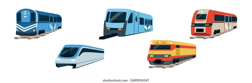 High Speed Train Vessel on Rail in Perspective View Vector Set