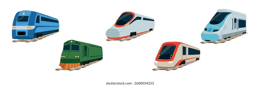 High Speed Train Vessel on Rail in Perspective View Vector Set