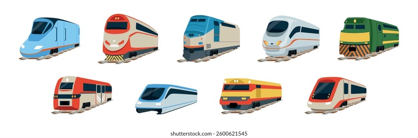 High Speed Train Vessel on Rail in Perspective View Vector Set