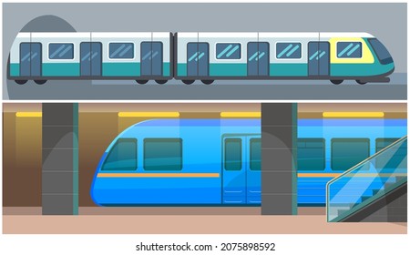 High speed transport leaving tunnel to metro. Public transport, train for transporting metro passengers. Train of subway with automatic doors. Modern tramway at underground station platform