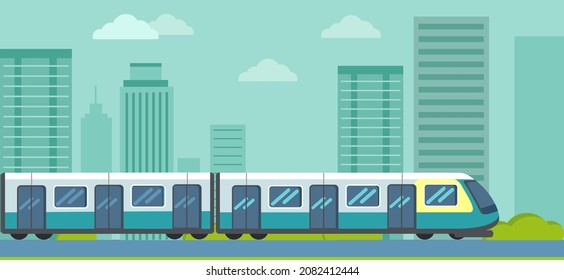 High speed transport leaving tunnel to metro. Public transport, train for transporting metro passengers. Train of subway with automatic doors. Modern tramway at underground station platform