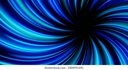 High speed warp of blue light with radial twisted burst. Realistic vector background with space travel neon glowing effect. Fantasy motion circular twisted perspective tunnel of velocity in hyperspace