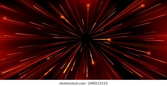 High speed warp of red light with radial burst. Realistic vector illustration of space travel pattern with neon glowing effect. Fantasy explosion or motion circular perspective tunnel in hyperspace.