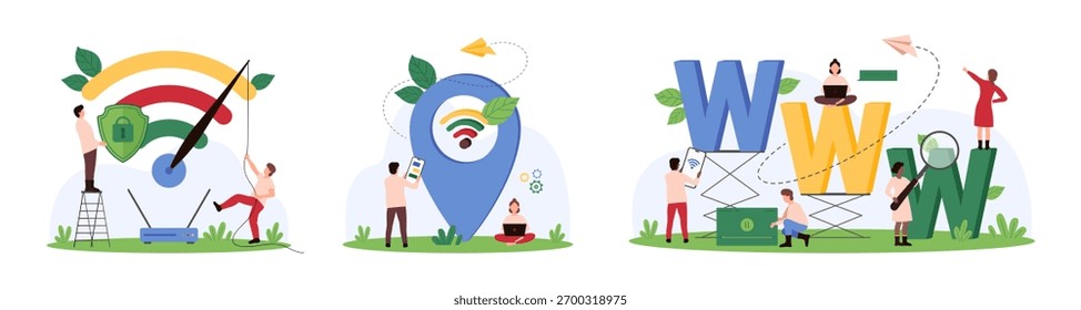 Conexão sem fio de alta velocidade, navegação e URL de Internet WWW definido. Pequenas pessoas puxam a seta do velocímetro para impulsionar o sinal de rede 5G, compartilhar vídeo e ilustração do vetor do desenho animado do ponteiro de localização