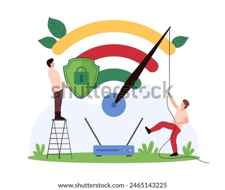 High speed wireless internet connection test, WIFI access security. Tiny people pull speedometer arrow on router to boost slow digital signal and turbo download data cartoon vector illustration