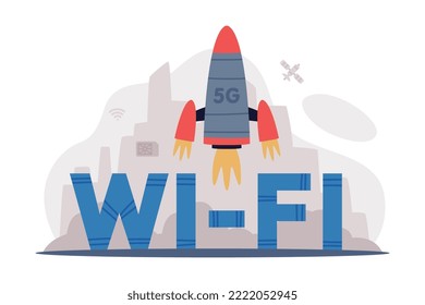 High speed wireless internet technology with rocket launching. Global network with high speed connection cartoon vector illustration