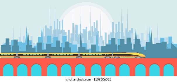 High speed yellow passenger train against city building bullet vector flat illustration design icon. Metro rail silhouette technology. Express railway maglev wagon track. Subway intercity travel. 