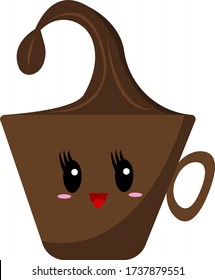 High splash of coffee in a cup A cute cartoon character smiles and laughs on a white background concept of a popular invigorating drink.