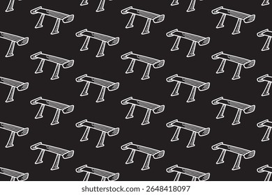 alto spoiler carro linha arte padrão sem emenda no fundo preto. asa de corrida gravura doodle padrão fundo. carro aerodinâmico parte hatching papel de parede para garagem, oficina, detalhando mercadorias