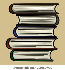 High Stack Of Thick Books, Side View, Cartoon Vector Illustration On Beige Background