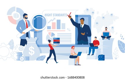 High Standard and Effective Independent Auditor Teamwork. Man with Magnifying Glass, Laptop and Woman with Folder Stack Doing Research, Monitoring Finance, Checking up Efficiency. Vector Illustration